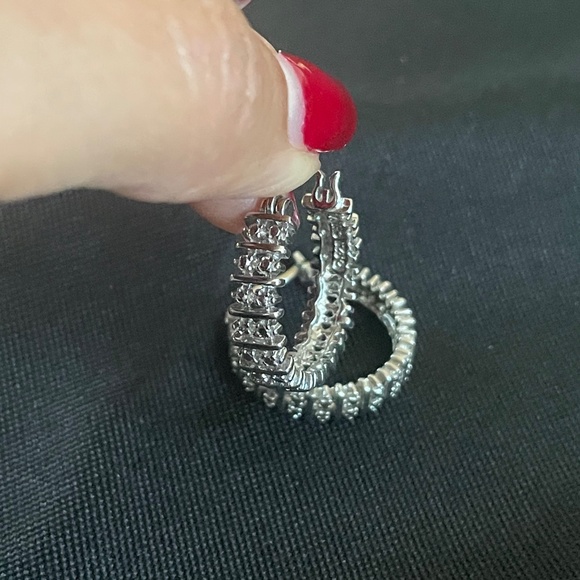 CZ Silver Hoop Earrings - Picture 3 of 7